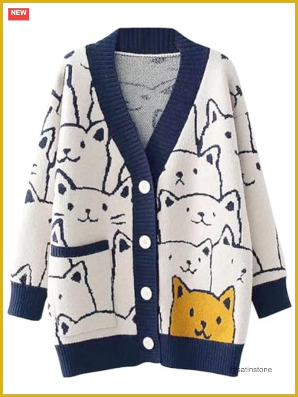 Chunky Knit Cat Cardigan Oversized Kawaii Sweater Women V-Neck Button Down Long